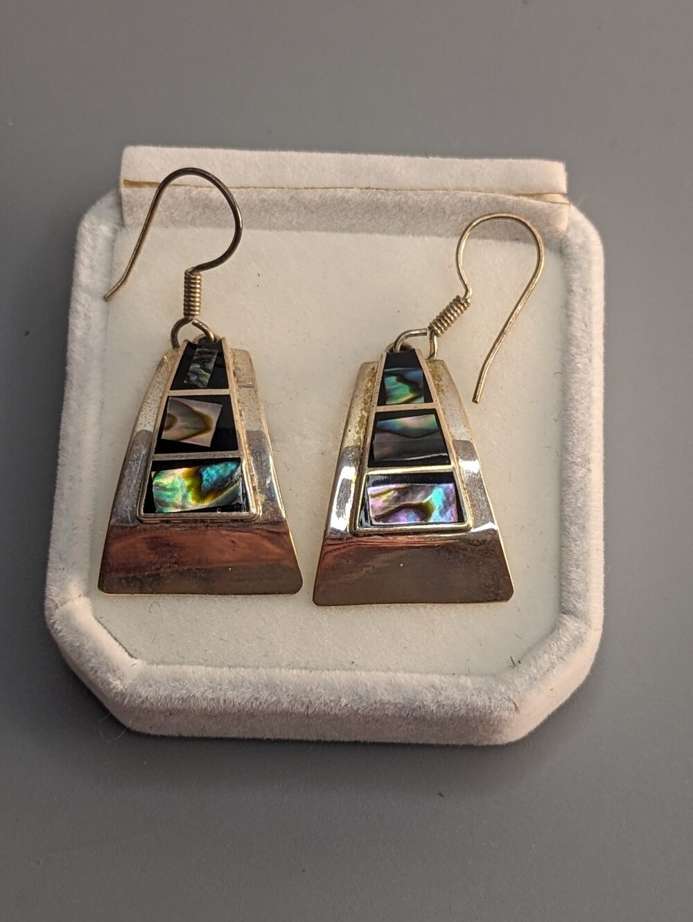 Vintage Taxco Mexican 950 Fine Silver & Abalone Inlay Trapezoid Dangle Earrings